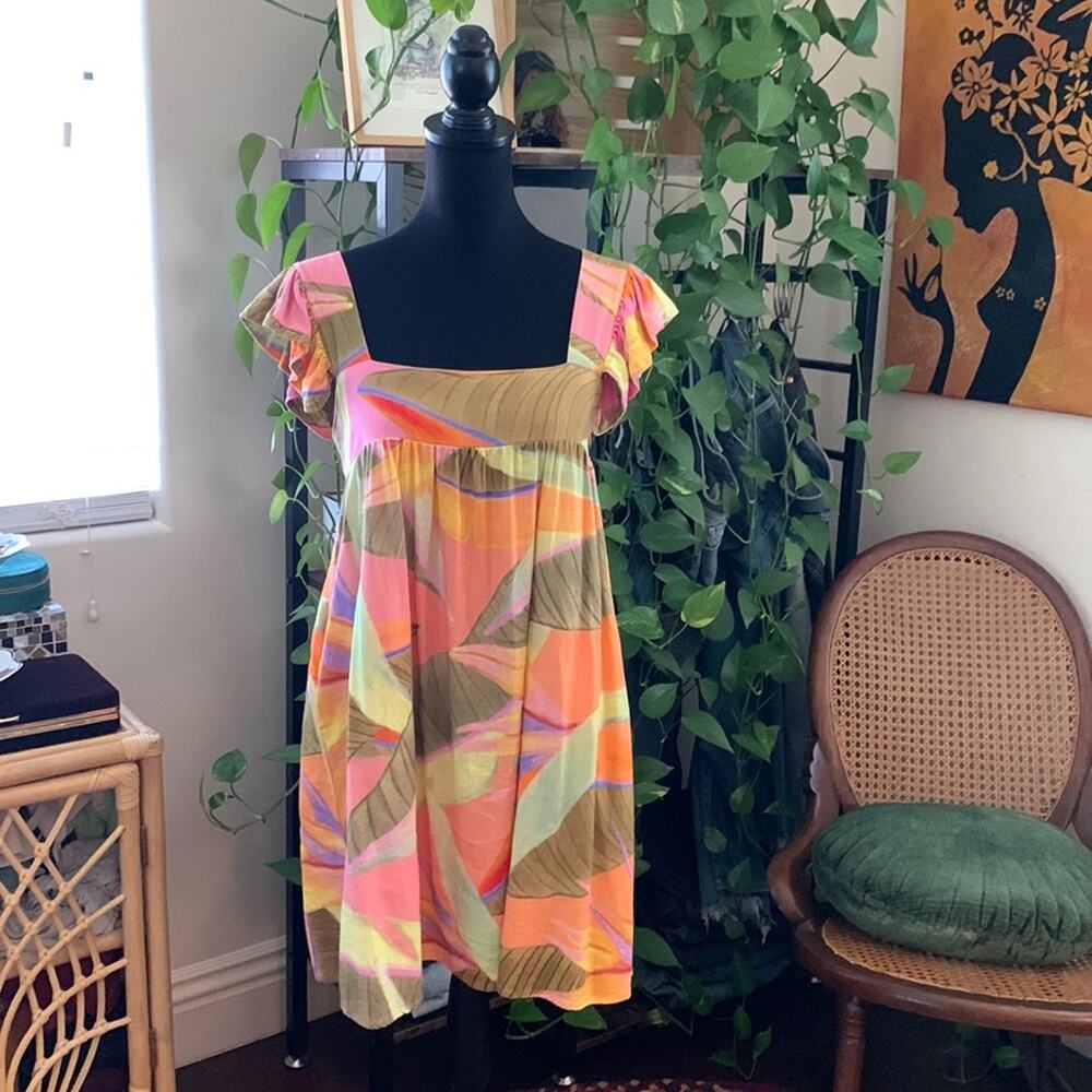Kourt Anthropologie Tropical Cap Sleeve Boho Garden Cottage Babydoll Mini Dress